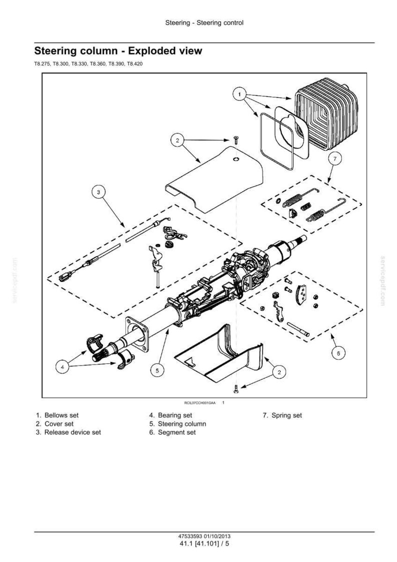 May include: An exploded view diagram of a steering column, showing various components like the bellows set, cover set, release device set, bearing set, steering column, segment set, and spring set. The diagram includes labels and part numbers.