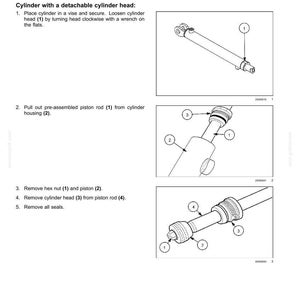 K&ouml;nnte beinhalten: Diagramm mit Serviceanweisungen f&uuml;r Hydraulikzylinder. Das Bild zeigt detaillierte Illustrationen von Zylinderkomponenten, einschlie&szlig;lich Zylinderkopf, Kolbenstange und Sechskantmutter, mit nummerierten Beschriftungen. Textanweisungen sind ebenfalls enthalten.