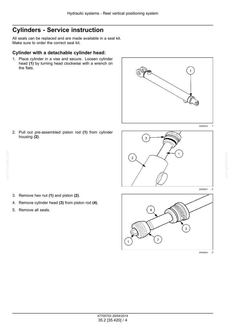 K&ouml;nnte beinhalten: Diagramm mit Serviceanweisungen f&uuml;r Hydraulikzylinder. Das Bild zeigt detaillierte Illustrationen von Zylinderkomponenten, einschlie&szlig;lich Zylinderkopf, Kolbenstange und Sechskantmutter, mit nummerierten Beschriftungen. Textanweisungen sind ebenfalls enthalten.