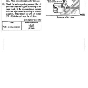 May include: Diagram of a pressure relief valve with text detailing inspection steps and specifications. Includes a table with valve opening pressure in kgf/cm&sup2;, psi, and kPa. Also shows tightening torque in kgf-m, lbf-ft, and N-m.