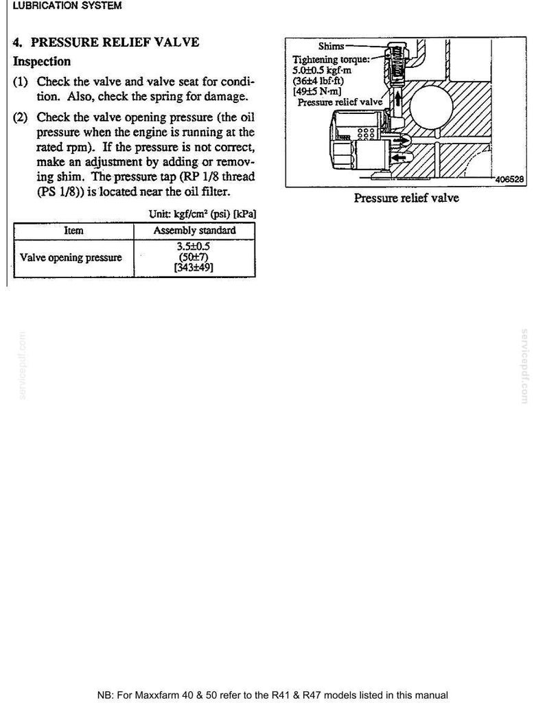 May include: Diagram of a pressure relief valve with text detailing inspection steps and specifications. Includes a table with valve opening pressure in kgf/cm&sup2;, psi, and kPa. Also shows tightening torque in kgf-m, lbf-ft, and N-m.