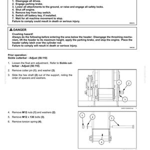 May include: A technical diagram detailing the removal of a torsion spring from a sickle cutterbar. The image includes numbered steps, diagrams, and safety warnings about potential hazards during maintenance.