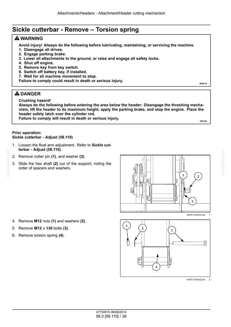 May include: A technical diagram detailing the removal of a torsion spring from a sickle cutterbar. The image includes numbered steps, diagrams, and safety warnings about potential hazards during maintenance.