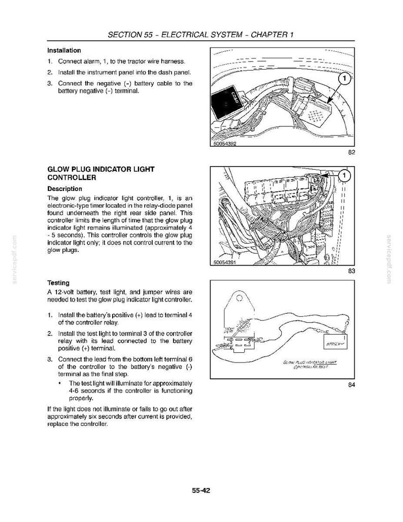 K&ouml;nnte beinhalten: Eine Seite aus einem Handbuch mit dem Titel &bdquo;ABSCHNITT 55 - ELEKTRISCHES SYSTEM - KAPITEL 1&ldquo;. Die Seite enth&auml;lt Diagramme und Anweisungen zur Installation und zum Testen eines Vorgl&uuml;h-Kontrollleuchten-Controllers. Der Text umfasst Installationsschritte und Testverfahren.