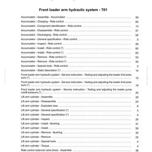 May include: A page from a manual titled "Index" with the heading "Hydraulic systems - 35." The document lists various hydraulic system components, including accumulators and lift arm cylinders, with corresponding page numbers.