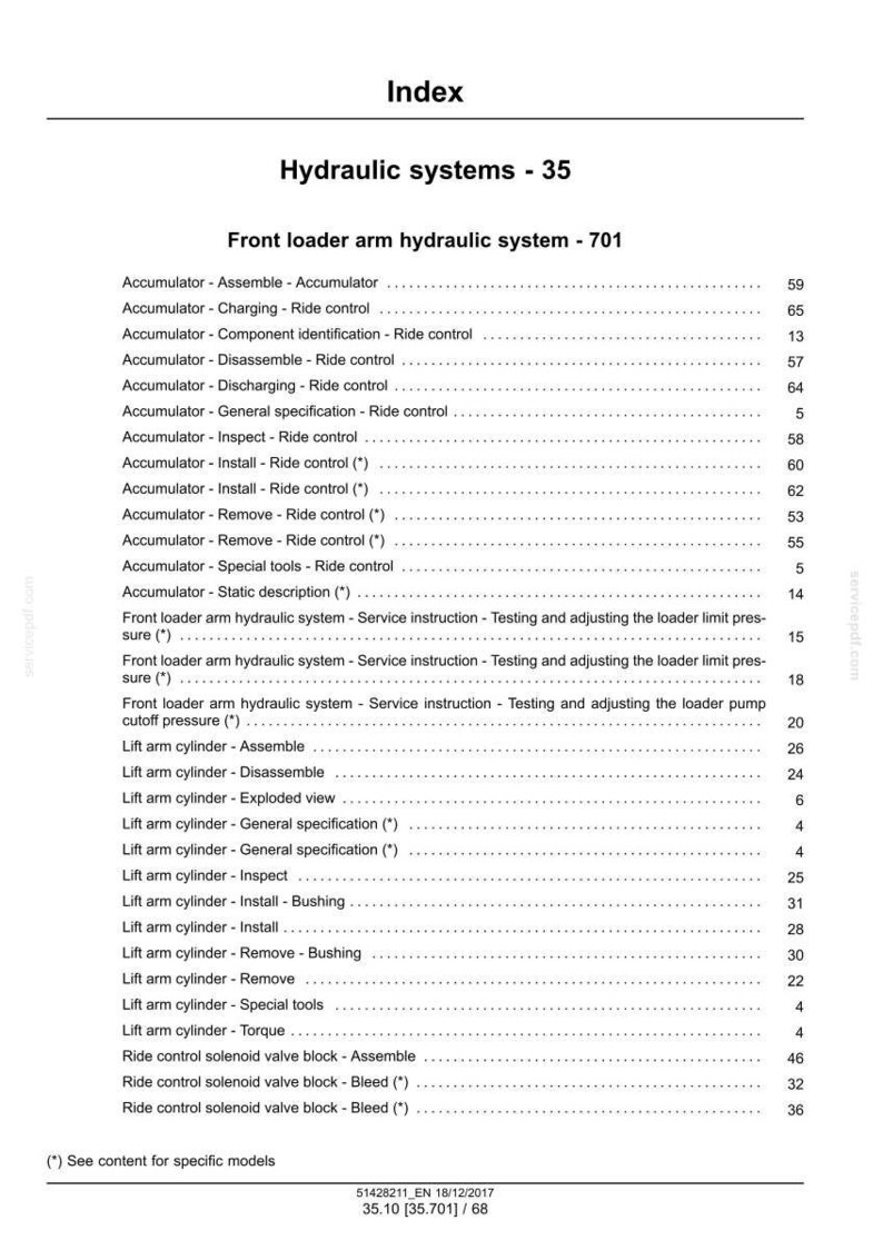 May include: A page from a manual titled "Index" with the heading "Hydraulic systems - 35." The document lists various hydraulic system components, including accumulators and lift arm cylinders, with corresponding page numbers.
