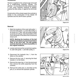 May include: A technical manual page titled Section 2 - Hydraulic and Hydrostatic Systems, Unload Auger Drive Cylinder. It features three black and white line drawings labeled Figure 2-411, 2-412, and 2-413, showing mechanical parts with numbered callouts.