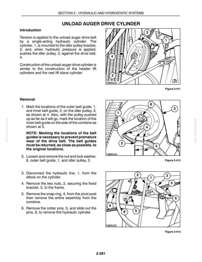 May include: A technical manual page titled Section 2 - Hydraulic and Hydrostatic Systems, Unload Auger Drive Cylinder. It features three black and white line drawings labeled Figure 2-411, 2-412, and 2-413, showing mechanical parts with numbered callouts.