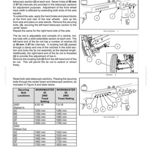 Pu&ograve; includere: Una pagina di manuale tecnico intitolata 6-WORKING OPERATIONS che descrive la regolazione della carreggiata anteriore di un trattore. Include diagrammi di una trave centrale cava con sezioni telescopiche, regolazioni dei tiranti e una tabella.