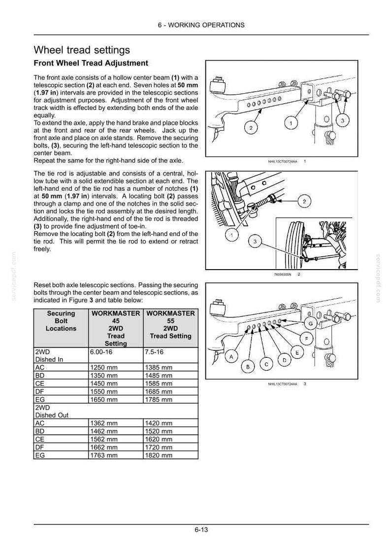 Pu&ograve; includere: Una pagina di manuale tecnico intitolata 6-WORKING OPERATIONS che descrive la regolazione della carreggiata anteriore di un trattore. Include diagrammi di una trave centrale cava con sezioni telescopiche, regolazioni dei tiranti e una tabella.