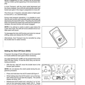 Puede incluir: Una p&aacute;gina de manual t&eacute;cnico titulada 6-WORKING OPERATIONS que detalla el cambio autom&aacute;tico en modo carretera y el ajuste de la marcha de arranque. Incluye instrucciones, un dibujo lineal de un interruptor AUTO y un diagrama del panel de instrumentos.
