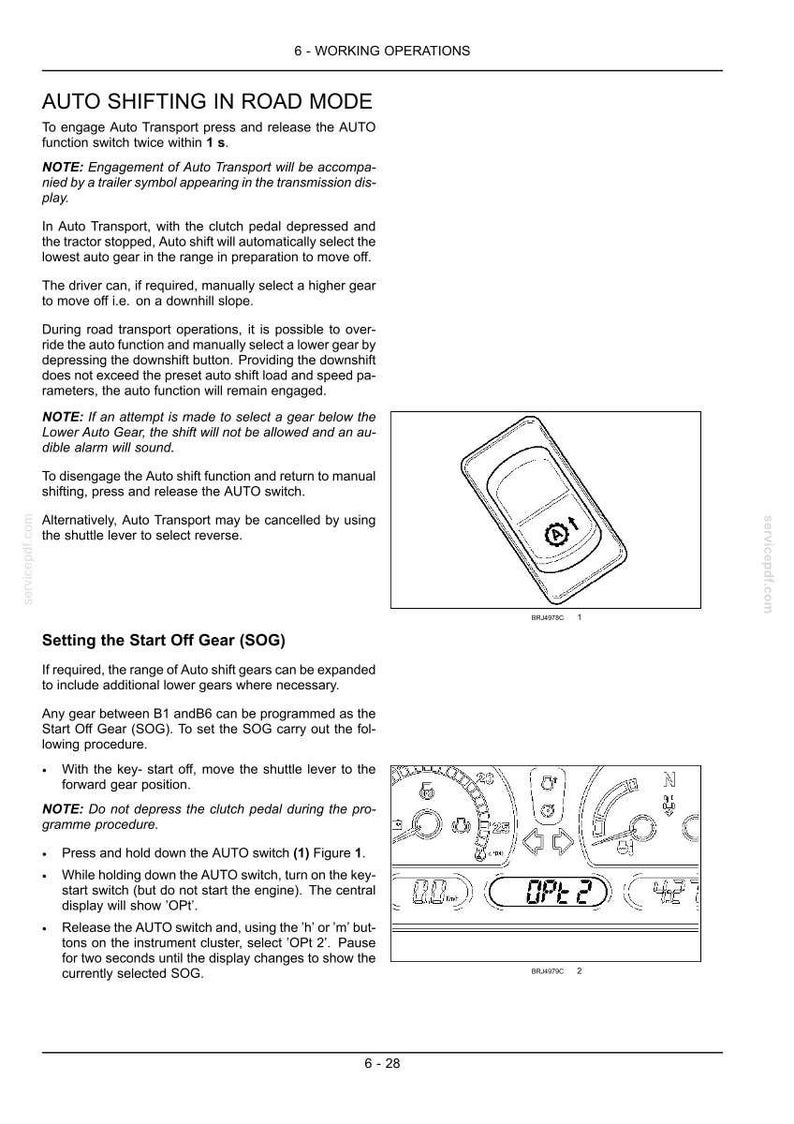 Puede incluir: Una p&aacute;gina de manual t&eacute;cnico titulada 6-WORKING OPERATIONS que detalla el cambio autom&aacute;tico en modo carretera y el ajuste de la marcha de arranque. Incluye instrucciones, un dibujo lineal de un interruptor AUTO y un diagrama del panel de instrumentos.