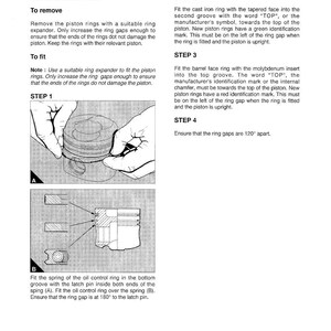May include: A detailed diagram illustrating the process of removing and fitting piston rings. The image includes step-by-step instructions with accompanying diagrams and text, focusing on the correct placement and orientation of the rings.
