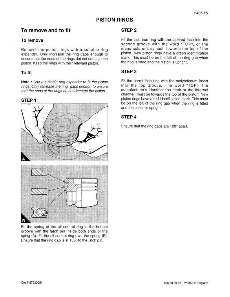 May include: A detailed diagram illustrating the process of removing and fitting piston rings. The image includes step-by-step instructions with accompanying diagrams and text, focusing on the correct placement and orientation of the rings.