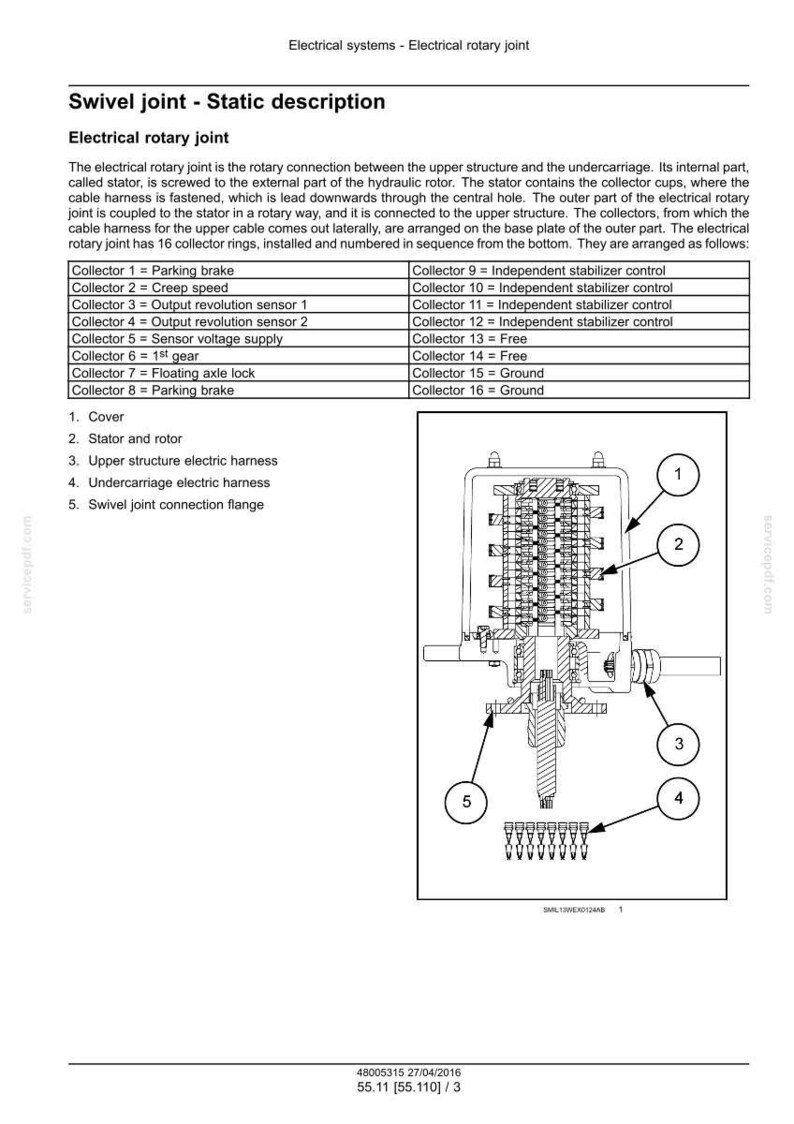 May include: Diagram of an electrical rotary joint, labeled with numbered components and a detailed parts list. The diagram includes a cross-section view of the joint, highlighting its internal structure and connections. The text describes the joint's function and components.
