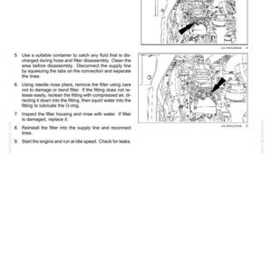 May include: A page from a maintenance manual with diagrams and instructions. The text includes steps for filter replacement, with illustrations of engine components and arrows pointing to specific parts. The page is titled "7 - MAINTENANCE".