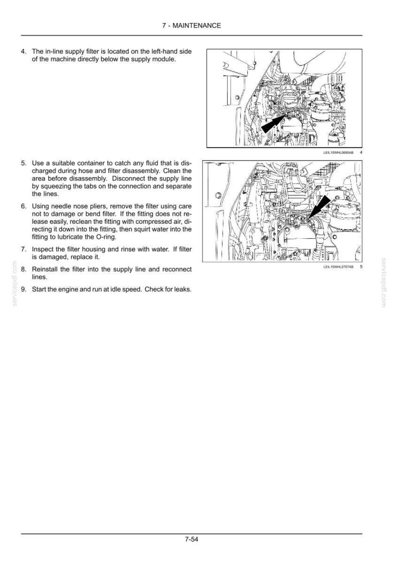 May include: A page from a maintenance manual with diagrams and instructions. The text includes steps for filter replacement, with illustrations of engine components and arrows pointing to specific parts. The page is titled "7 - MAINTENANCE".