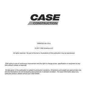 May include: White document with the "CASE CONSTRUCTION" logo in black and gray. The text includes "PRINTED IN U.S.A." and copyright information for CNH America LLC. The document is a technical publication.