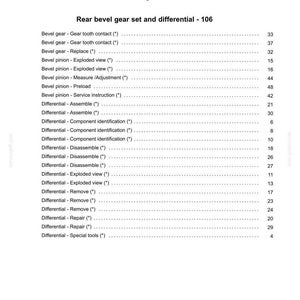 May include: A page from a manual titled "Index" with the heading "Rear axle system - 27." The content lists various components like bevel gears, bevel pinions, and differentials, along with page numbers. The text is in black font.