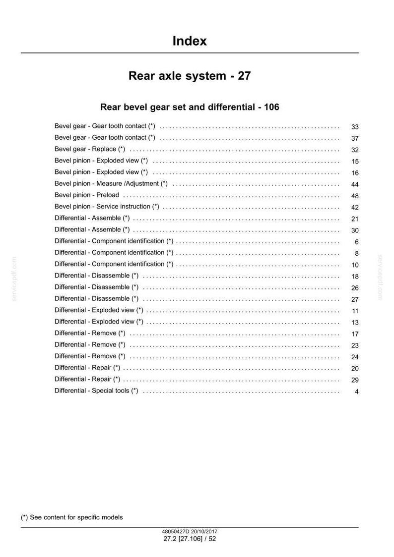 May include: A page from a manual titled "Index" with the heading "Rear axle system - 27." The content lists various components like bevel gears, bevel pinions, and differentials, along with page numbers. The text is in black font.