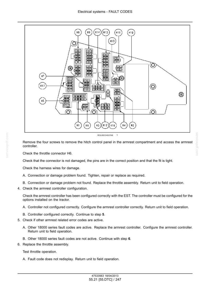 May include: Technical diagram showing electrical system fault codes, with a detailed schematic of connectors and components. The diagram includes labels such as H8, H9, H14, and H15, alongside troubleshooting steps and instructions.