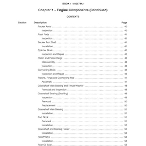 Pode incluir: Uma p&aacute;gina de manual intitulada "SECTION 10 - ENGINE" com o texto "Chapter 1 - Engine Components (Continued)". O conte&uacute;do lista componentes do motor, como balancins, hastes de impuls&atilde;o e blocos de cilindros, com n&uacute;meros de p&aacute;gina.