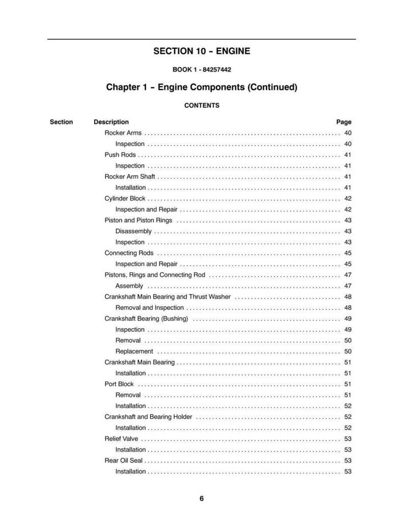 Pode incluir: Uma p&aacute;gina de manual intitulada "SECTION 10 - ENGINE" com o texto "Chapter 1 - Engine Components (Continued)". O conte&uacute;do lista componentes do motor, como balancins, hastes de impuls&atilde;o e blocos de cilindros, com n&uacute;meros de p&aacute;gina.