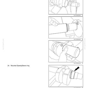 Op de afbeelding: Diagram met de installatie van een SpeedySleeve-ring op een as. De afbeelding bevat stapsgewijze illustraties met tekstinstructies. De tekst bovenaan luidt "Wheels - Compaction drums".