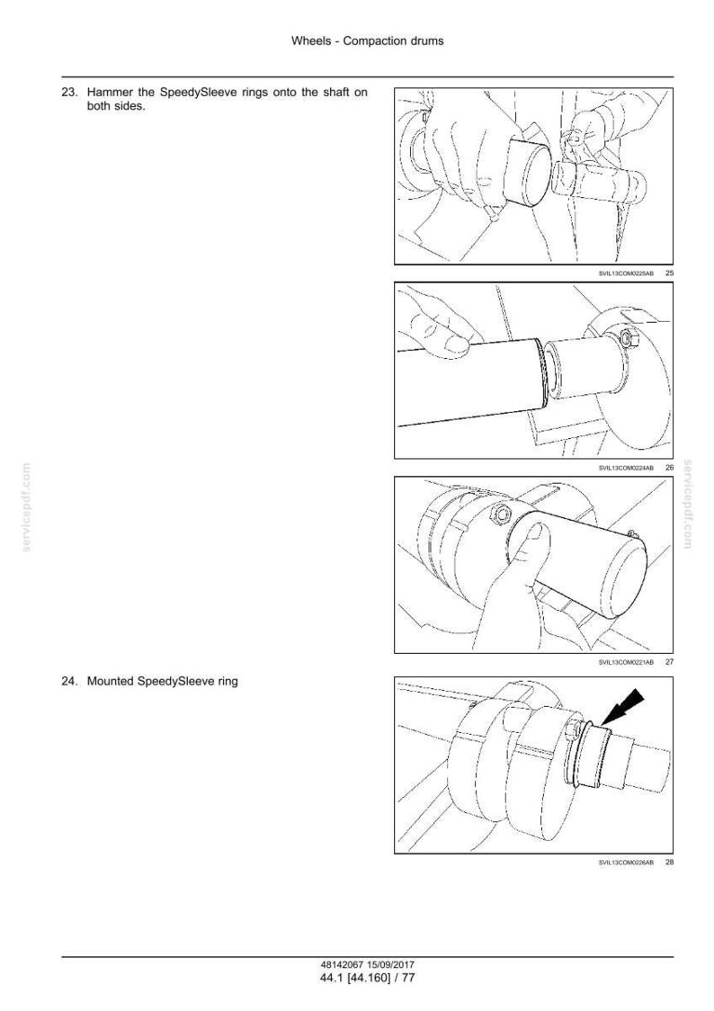 Op de afbeelding: Diagram met de installatie van een SpeedySleeve-ring op een as. De afbeelding bevat stapsgewijze illustraties met tekstinstructies. De tekst bovenaan luidt "Wheels - Compaction drums".