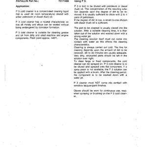 May include: A printed page detailing the use of P3 Coud Cleaner. The text describes the cleaner's application, dilution instructions, and safety precautions. The page includes the FIATALLIS part number 73171488 and flash point information.