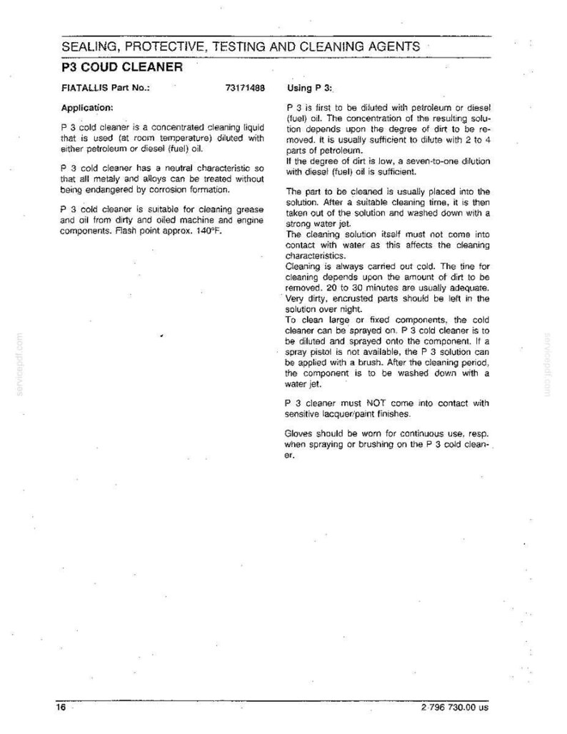 May include: A printed page detailing the use of P3 Coud Cleaner. The text describes the cleaner's application, dilution instructions, and safety precautions. The page includes the FIATALLIS part number 73171488 and flash point information.