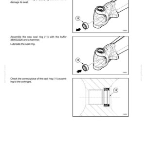 以下が含まれることがあります： SECTION 27 - REAR AXLEと題された技術マニュアルのページ。11とラベル付けされたシールリングの交換手順を示す白黒の線画が掲載されています。図面は、車両のダブルジョイント部品の取り外しおよび取り付けプロセスを視覚的に説明しています。