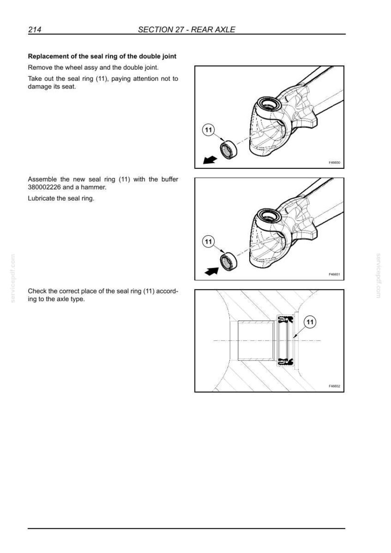 以下が含まれることがあります： SECTION 27 - REAR AXLEと題された技術マニュアルのページ。11とラベル付けされたシールリングの交換手順を示す白黒の線画が掲載されています。図面は、車両のダブルジョイント部品の取り外しおよび取り付けプロセスを視覚的に説明しています。