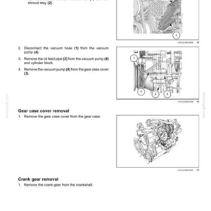 May include: Diagrams illustrating engine component removal, including vacuum pump, gear case cover, and crank gear. The images are technical drawings with labels and arrows, providing a visual guide for automotive repair procedures.