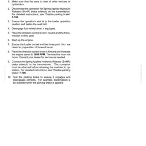 May include: A technical document page titled 7 - MAINTENANCE Parking brake, containing black text on a white background. It outlines ten numbered steps for checking the parking brake operation, including engine speed requirements of 1500 RPM.