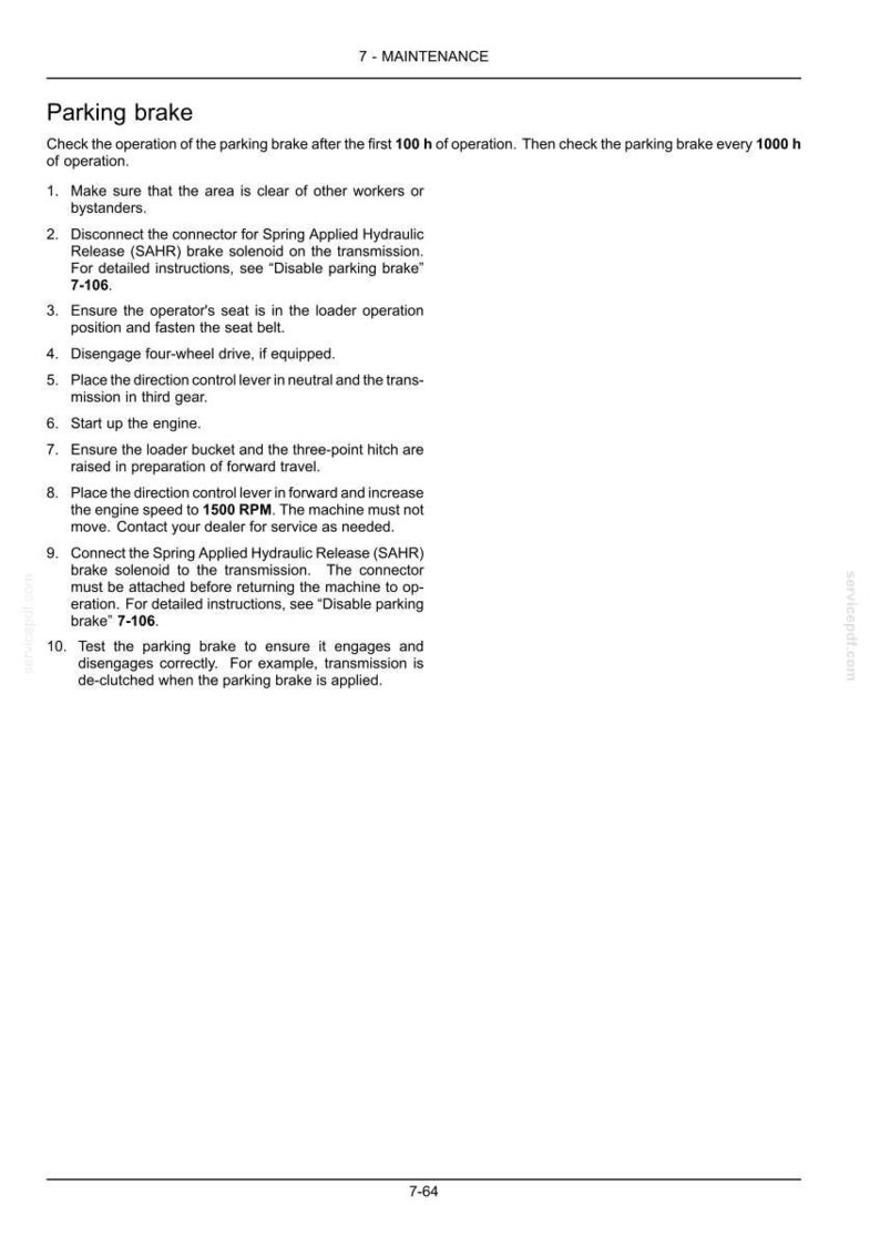 May include: A technical document page titled 7 - MAINTENANCE Parking brake, containing black text on a white background. It outlines ten numbered steps for checking the parking brake operation, including engine speed requirements of 1500 RPM.