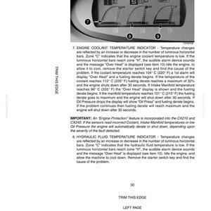 May include: A close-up of a systems display and control panel. The panel shows engine coolant and hydraulic fluid temperature indicators. The text includes instructions for addressing overheating issues and other engine alerts.