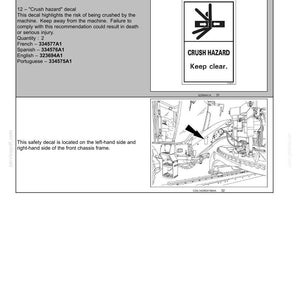 May include: A safety information page with a "Crush Hazard" warning decal. The decal features a black and white graphic with the words "CRUSH HAZARD" and "Keep clear." The page also includes text about the risk of being crushed by machinery.