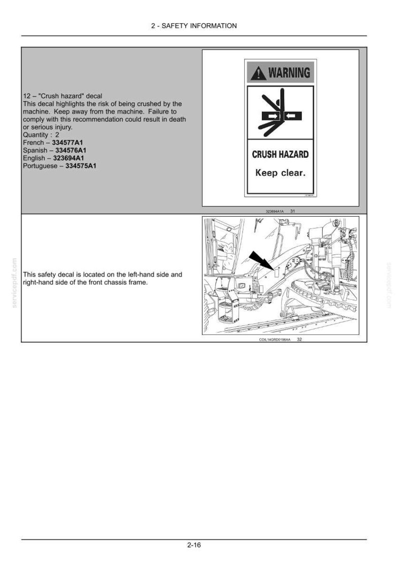 May include: A safety information page with a "Crush Hazard" warning decal. The decal features a black and white graphic with the words "CRUSH HAZARD" and "Keep clear." The page also includes text about the risk of being crushed by machinery.