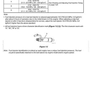 May include: A page from a service manual detailing fuel system specifications. It includes a table with injector ID marks, fuel injector pressure in PSI and MPa, and fuel injection timing. A diagram of a fuel injector is also shown.