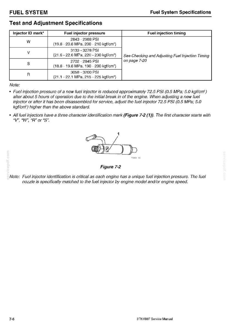 May include: A page from a service manual detailing fuel system specifications. It includes a table with injector ID marks, fuel injector pressure in PSI and MPa, and fuel injection timing. A diagram of a fuel injector is also shown.
