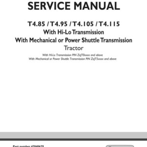 May include: A white service manual cover with black text. The title "SERVICE MANUAL" is at the top, followed by model numbers and transmission details. The New Holland Agriculture logo is in the bottom right corner.