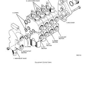 May include: An exploded diagram of an equipment control valve, labeled with various components such as the main relief valve, O-rings, and load check valve. The diagram is in black and white, with detailed annotations.