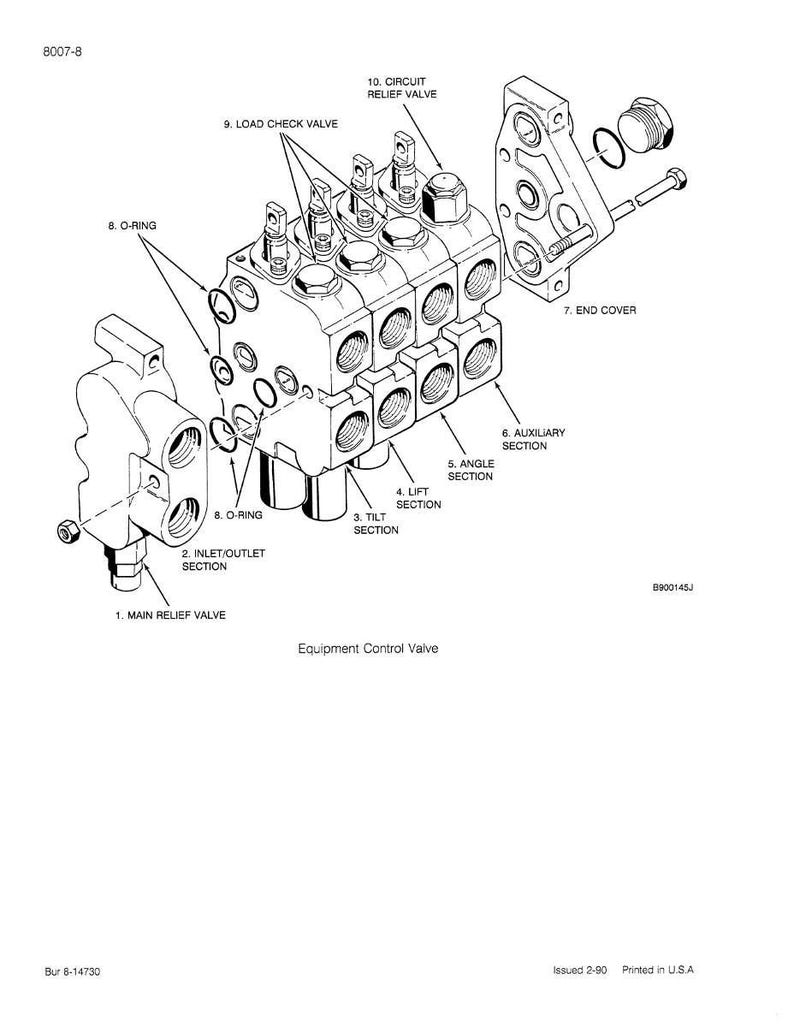 May include: An exploded diagram of an equipment control valve, labeled with various components such as the main relief valve, O-rings, and load check valve. The diagram is in black and white, with detailed annotations.