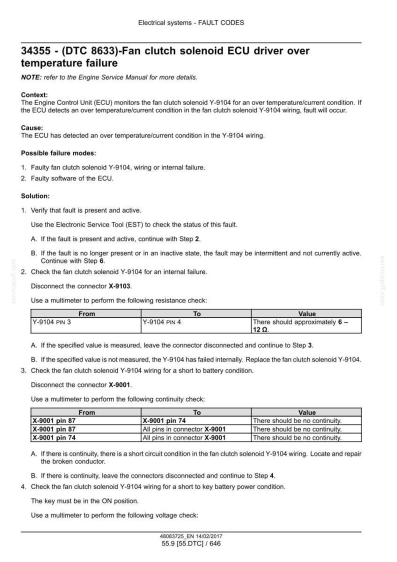 May include: Diagnostic document detailing fault codes for an automotive fan clutch solenoid. Includes troubleshooting steps, resistance checks, and continuity tests. The document provides instructions for using a multimeter to diagnose the issue.