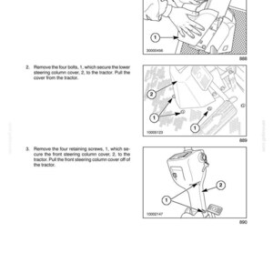 May include: Diagram from a manual showing steps for tractor steering column maintenance. Includes illustrations with numbered arrows pointing to bolts and screws. Text instructions accompany each step, detailing removal of covers and components.