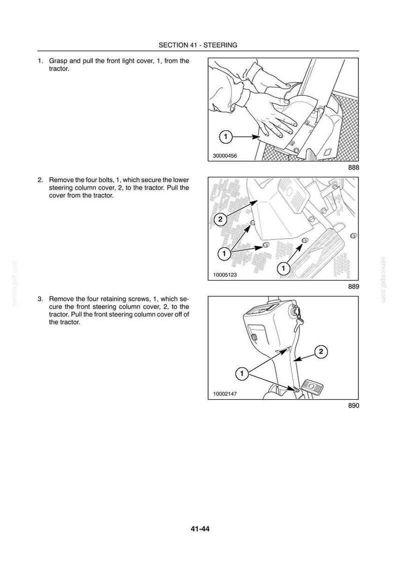 May include: Diagram from a manual showing steps for tractor steering column maintenance. Includes illustrations with numbered arrows pointing to bolts and screws. Text instructions accompany each step, detailing removal of covers and components.