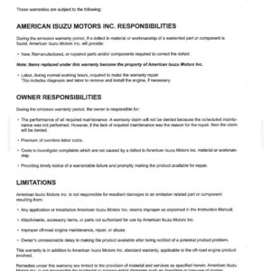 May include: A black and white document page titled Section XI - SPECIFICATIONS (EPA ENGINE) outlining the limitations and responsibilities for American Isuzu Motors Inc. warranties, including owner duties and specific warranty coverage details.