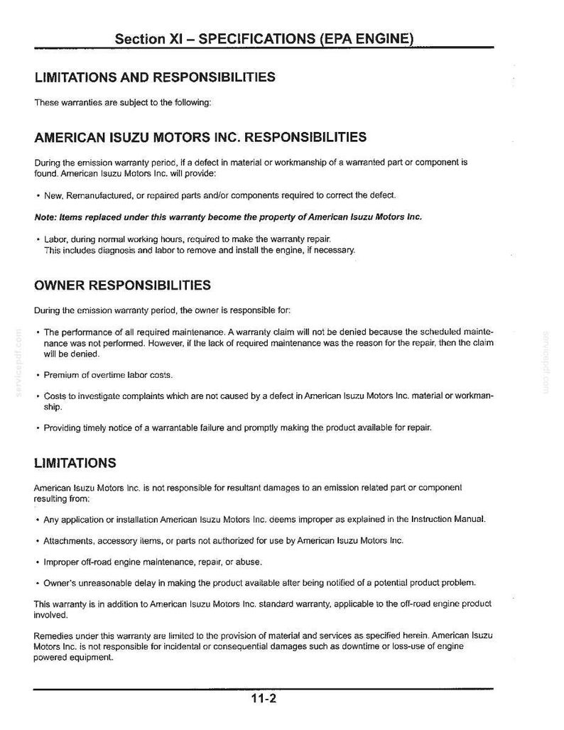 May include: A black and white document page titled Section XI - SPECIFICATIONS (EPA ENGINE) outlining the limitations and responsibilities for American Isuzu Motors Inc. warranties, including owner duties and specific warranty coverage details.