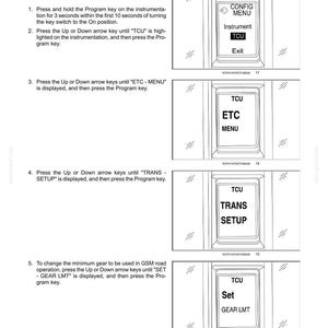 May include: A technical manual page titled 4-OPERATING INSTRUCTIONS detailing the process for Changing the minimum or maximum gears for Ground Speed Management (GSM) road. It includes five numbered steps and four diagrams of a digital display.